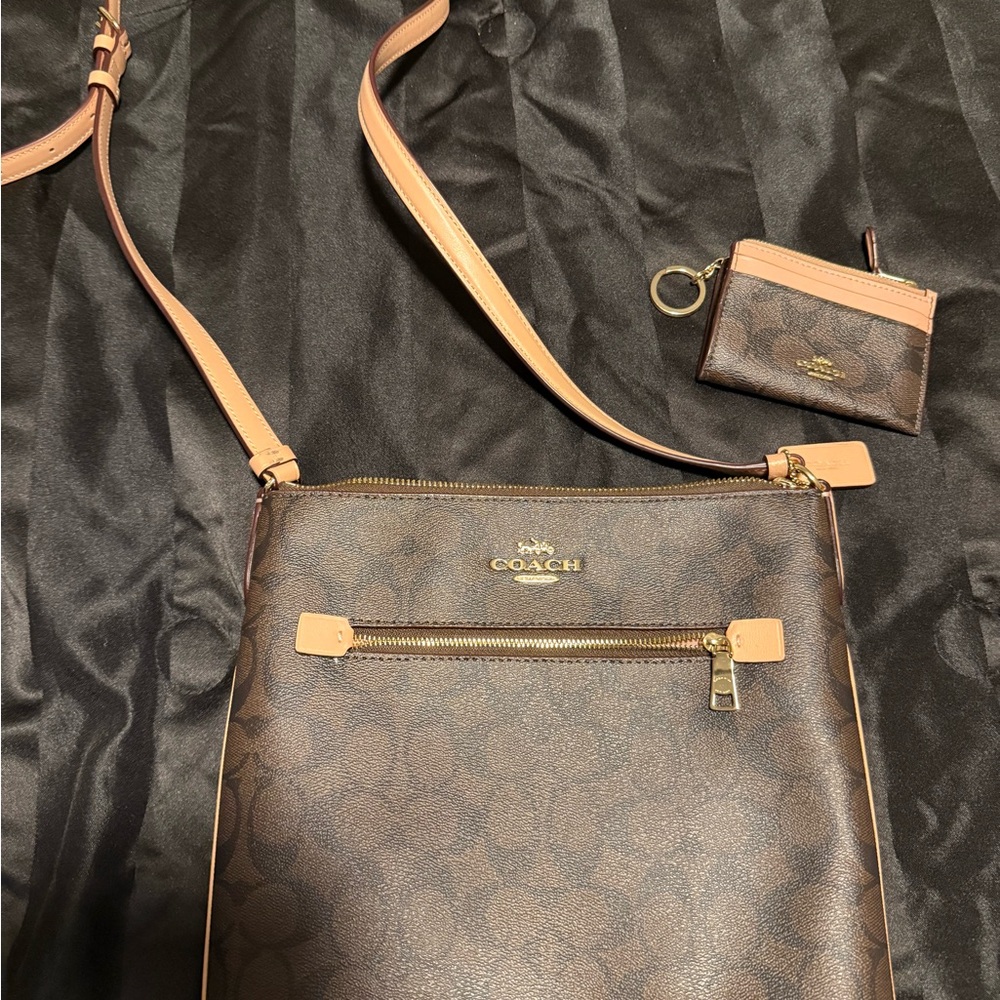 Coach Tan and Brown Crossbody Bag with Card Holder